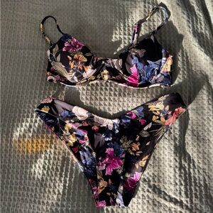 Pink Colada Tropical Floral Black Bikini Set